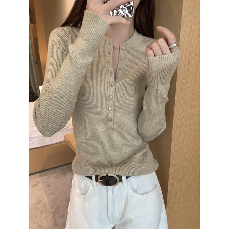 Spring single-breasted slim-fit pit strip knitted sweater women's crew neck pullover long-sleeved top Lazy wind bottoming shirt