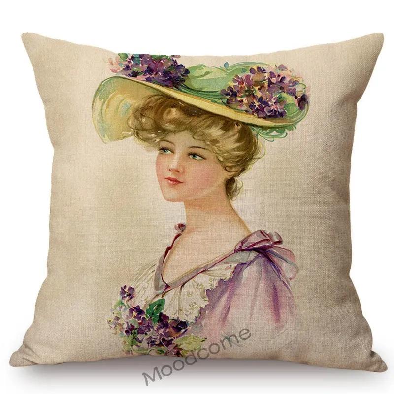 European Royal Court Victorian Era Lady Hat With Flower Elegant Sofa Throw Pillow Cover Classic Vintage Linen Decor Cushion Case