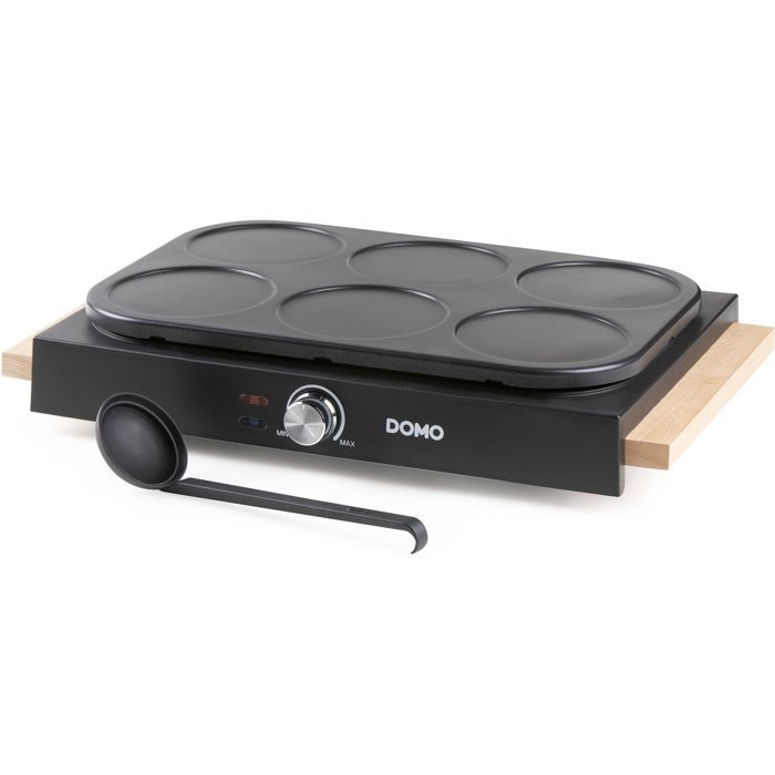 Crêpière - DOMO - DO8717P - 1000 W - Pour 6 Crêpes De Ø 11,5 Cm - Thermostat Réglable - Noir / Bois