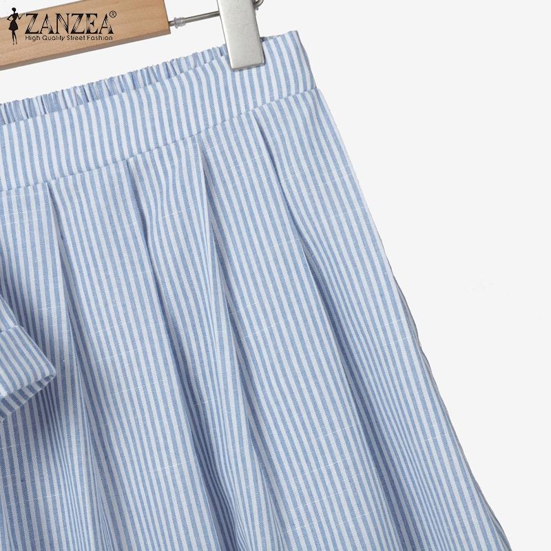 ZANZEA Women Short Sleeve Blouse and Skirts Summer Stripe Two Piece Suit Sets