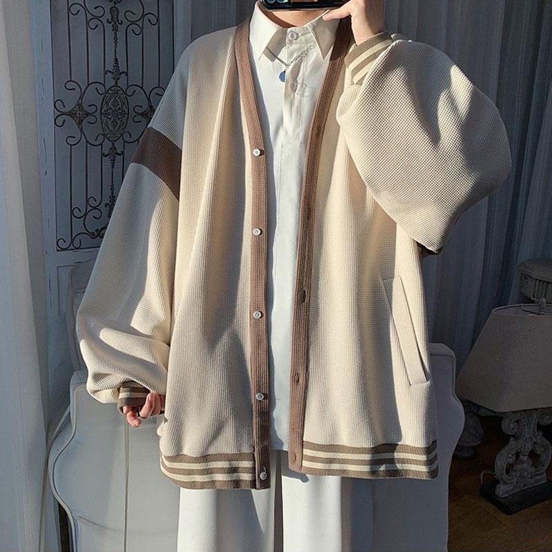 Korean Spliced Loose Cardigan Autumn Winter Contrasting Colors Men's Clothing Casual V-Neck Chic Patch Designs Knitted Sweaters