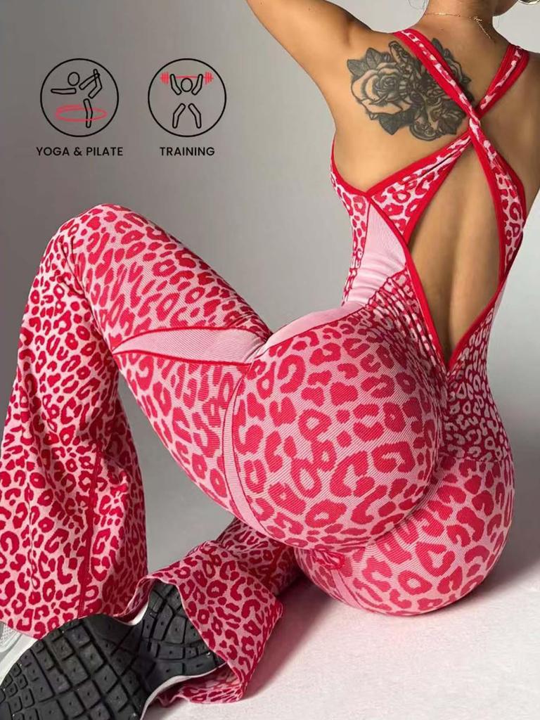 Leopard Print Seamless Bodysuit Yoga Wear for Women - Fitness Sports Casual Outerwear