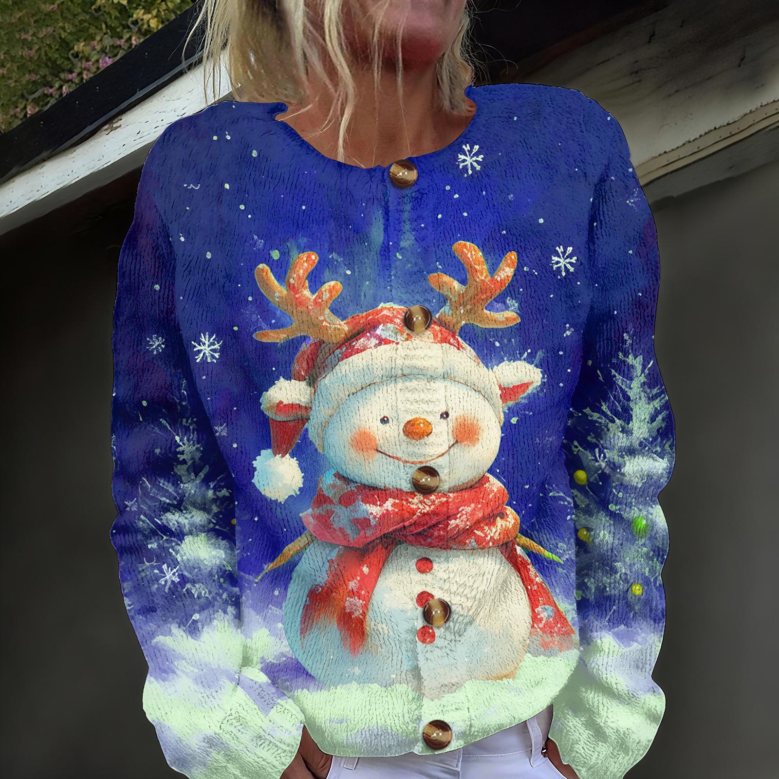 Женская мода рождественский принт длинный рукав вязаный кардиган пуховик S