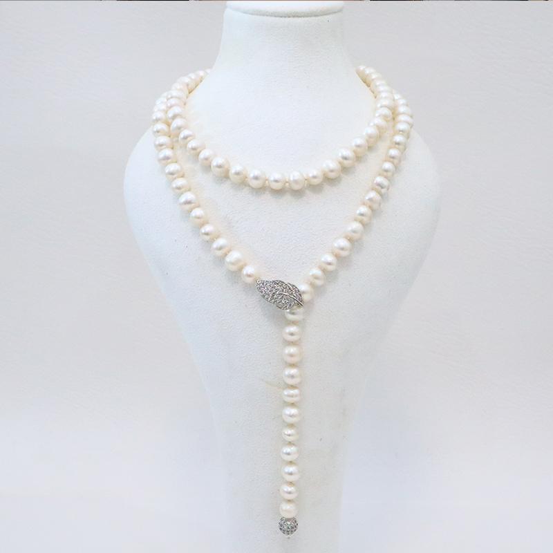 90cm Long Freshwater Pearl Necklace for Women Cubic Zirconia Leaf Shape Buttons and Sweater Chain