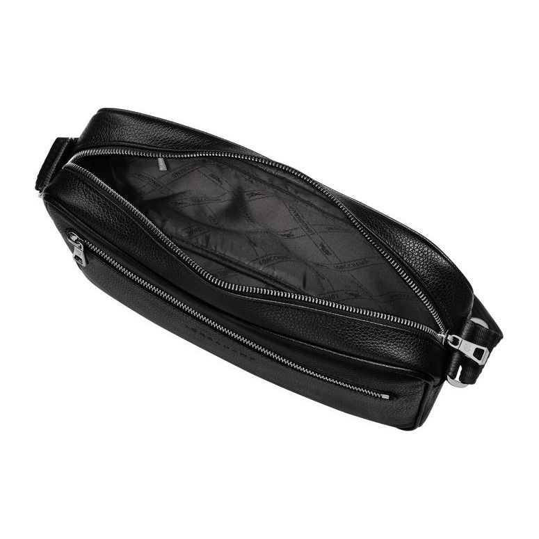 Longchamp Le Foulonné Solid Color Minimalist Embossed Logo Zipper Closure Leather Shoulder Crossbody Bag Medium Men bags Black 20044021047