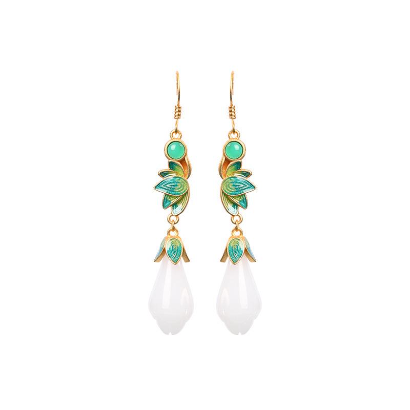 Retro Chinese-Style White Magnolia Enamel Dangle Earrings in 925 Sterling Silver.