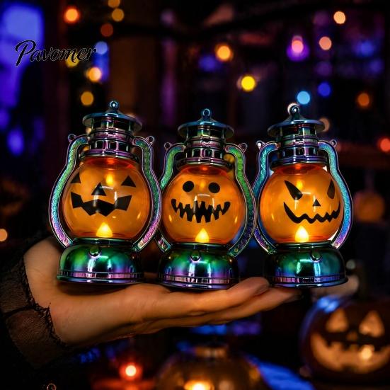 Durable Plastic Lamp Halloween Pumpkin Lantern, Flickering LED Lamp, Vintage Handheld Spooky Night Decor Oil for Tabletop Indoor Outdoor Party