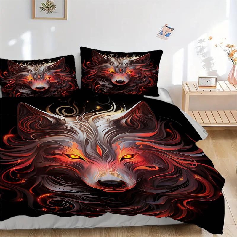 3pcs Flaming Wolf Printed Quilt Set - Includes 1 Quilt Cover and 2 Pillowcases, Machine Washable - Suitable for All Seasons.J054