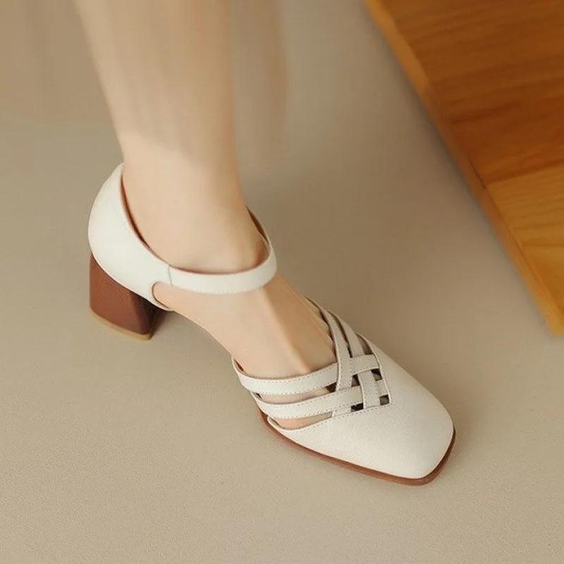 French Style Hollow Out Soft Leather High Heels Roman Head Women's Sandals Summer New Retro Rubber Bottom Square Toe Shoes