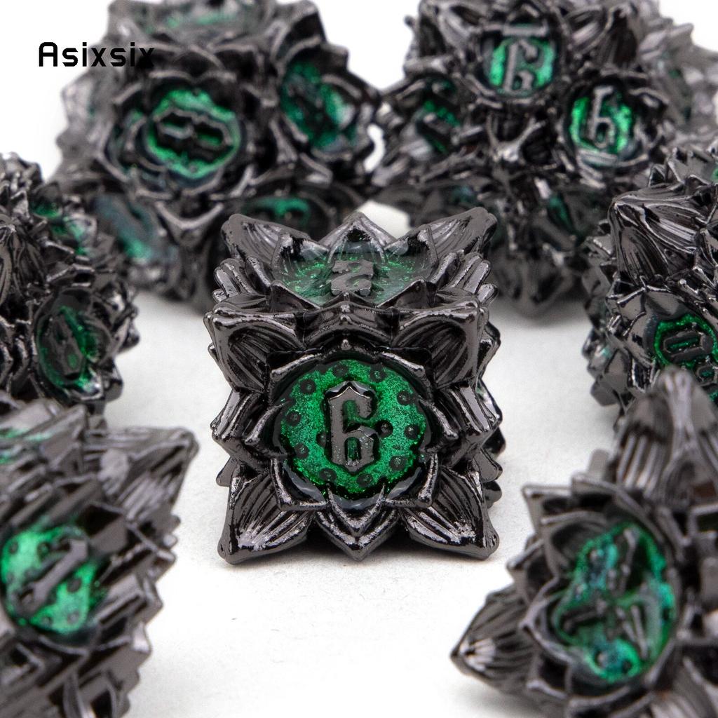 7 sztuk czarny zielony kwiat lotosu metalowe kostki z litego metalu zestaw kości wielościennych nadaje się do odgrywania ról RPG gra planszowa gra karciana