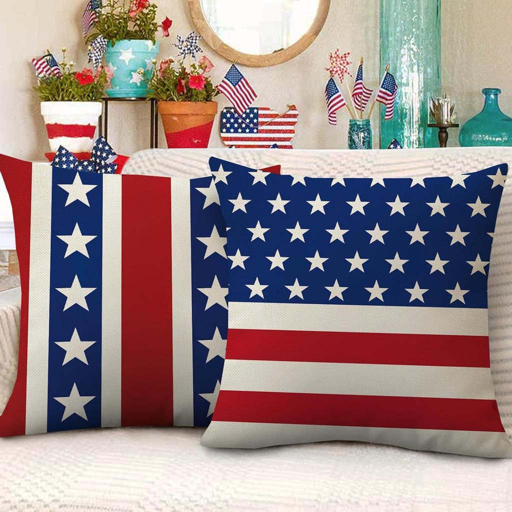 4Th Of July Patriotic Decorative Throw Pillow Covers Set Of 4, America Usa Red White Blue Stripes Stars Porch Outdoor Pillowcase
