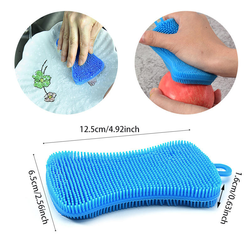 Double Sided Reusable Silicone Dishwashing Brush Flexible Soft Scrubber for Pots Pans Vegetables Fruit Cleaning Tool Sponge