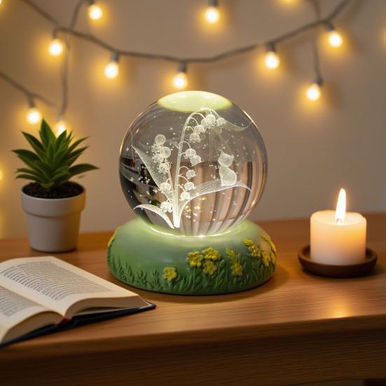 Flower Faux Crystal Ball Night Light 3D Rose Tulip Carnation