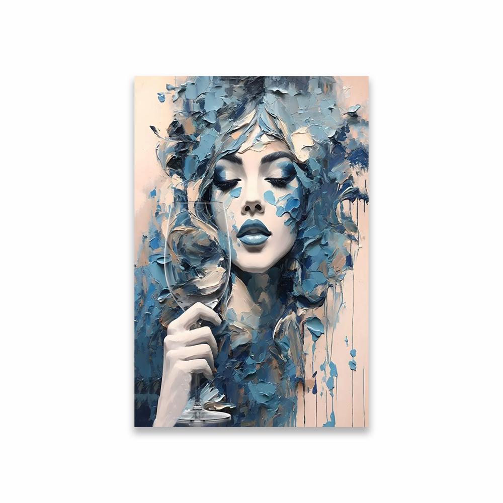 Fashion Portrait with Champagne Glass Wall Art Poster Blue Abstract Woman Wall Art Print Aesthetic Art Canvas Painting Decor