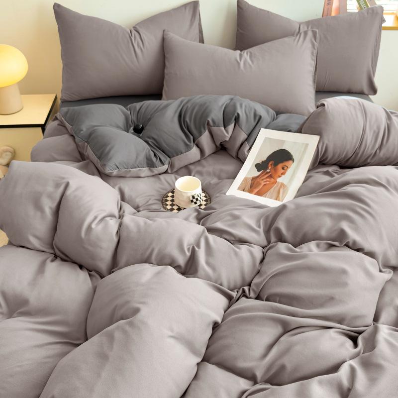Conjunto de Roupa de Cama Simples de Algodão Lavado Duplamente Torcido - Lençol de Elástico e Capa de Cor Lisa