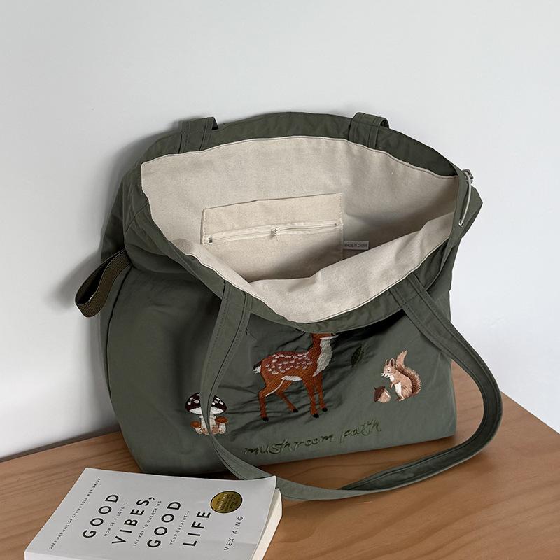 Carto Embroidery Nyl Shoulder Bags for Women Casual Student Ladies Large Capacity Tote Simple Female Drawstring Handbags