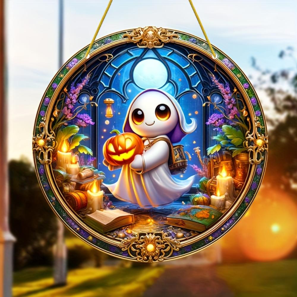 Halloween Acrylic Flat 2D Decoration with Cartoons, Witch Hats and Colorful Flower Pendants - Gifts for Family , for Homes, Gardens and Courtyards