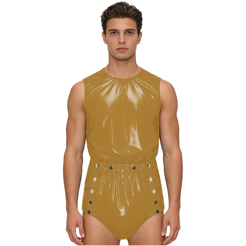 S-3XL Mens Waterproof Bodysuit Openable Crotch with Buttons Sleeveless Back Zipper Elastic Waistband One-piece Romper Jumpsuit for Clubwear Swimming