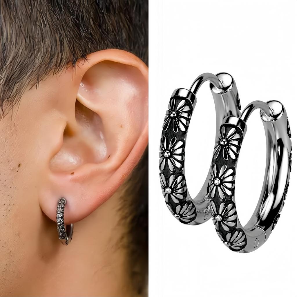 Gotische Piercing Ohrringe Chirurgenstahl Creolen Für Männer Frauen Mit Blumenmustern Graviert Rock Punk Edelstahl Schmuck