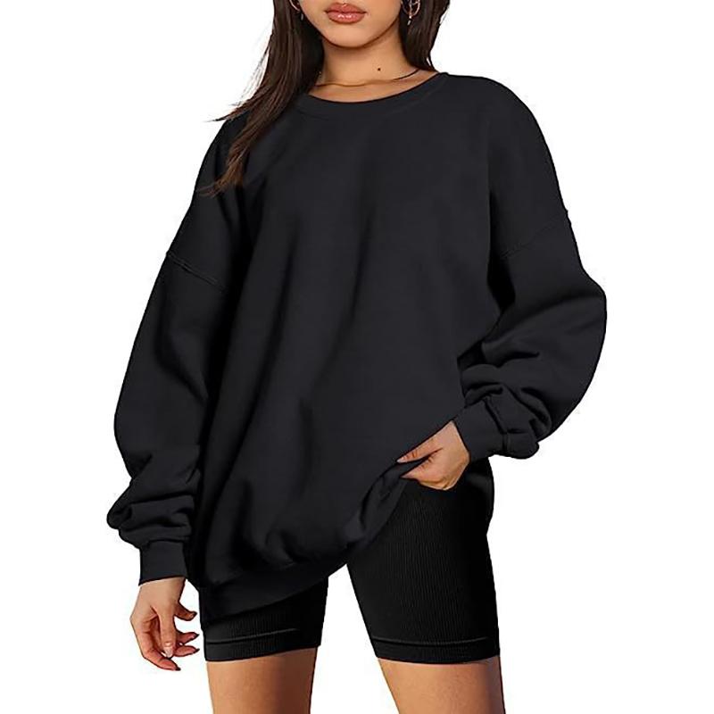 Felpa Pullover Girocollo Donna e Uomo Colore Solido Oversize Largo Casual Felpa in Pile L nero