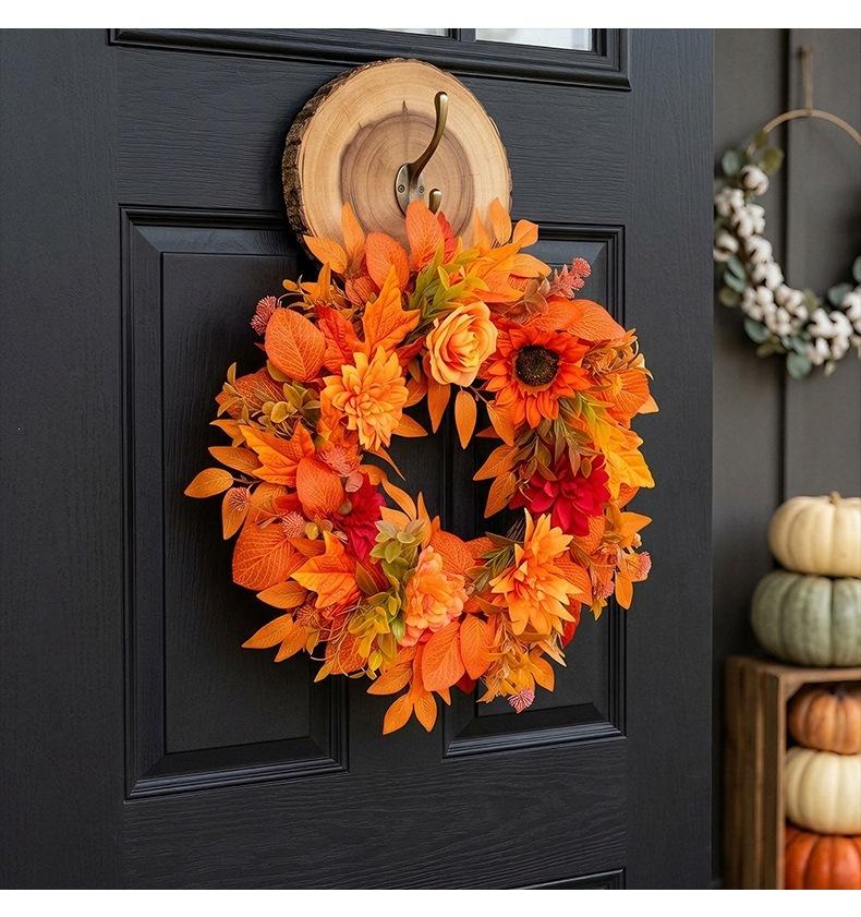 50cm Orange Red Maple Leaf Thanksgiving Door Wreath - Artificial Fall Wreath for Front Door Celebration Decor