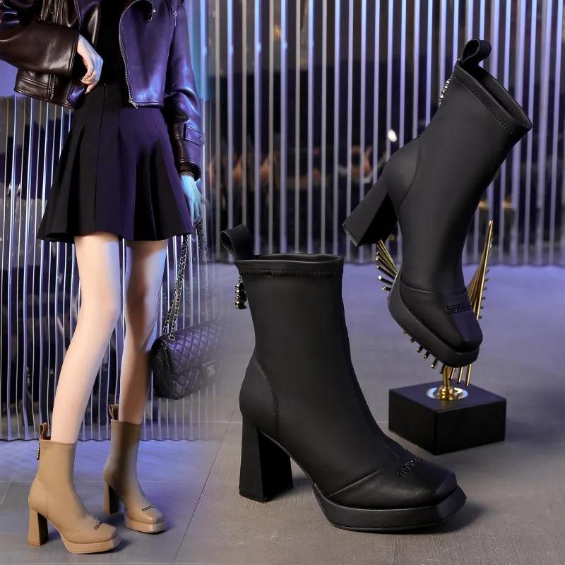 2025 New Autumn Women's Stretch Boots Square Head Square Heel Back Zipper Platform Heels Women Short Boots Waterproof Platform