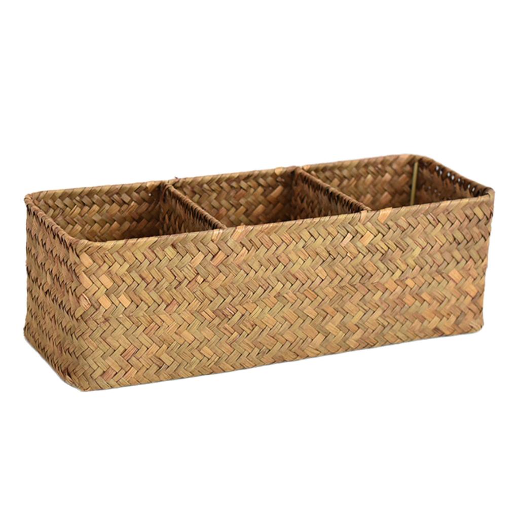 Storage Basket Sea Grass Stationery and Makeup Box Desktop Organizer Box with Compartments for Office and Home Use