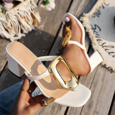 Women's Flat Slippers Toe Clip Square Toe Metal Decoration Shoes for Women Leisure Versatile Fashion Summer Zapatillas De Mujer
