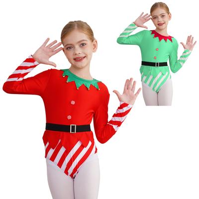 Girls Christmas Dance Leotard Long Sleeve Stripes with Brass Bells Belt Gymnastic Bodysuit Costume