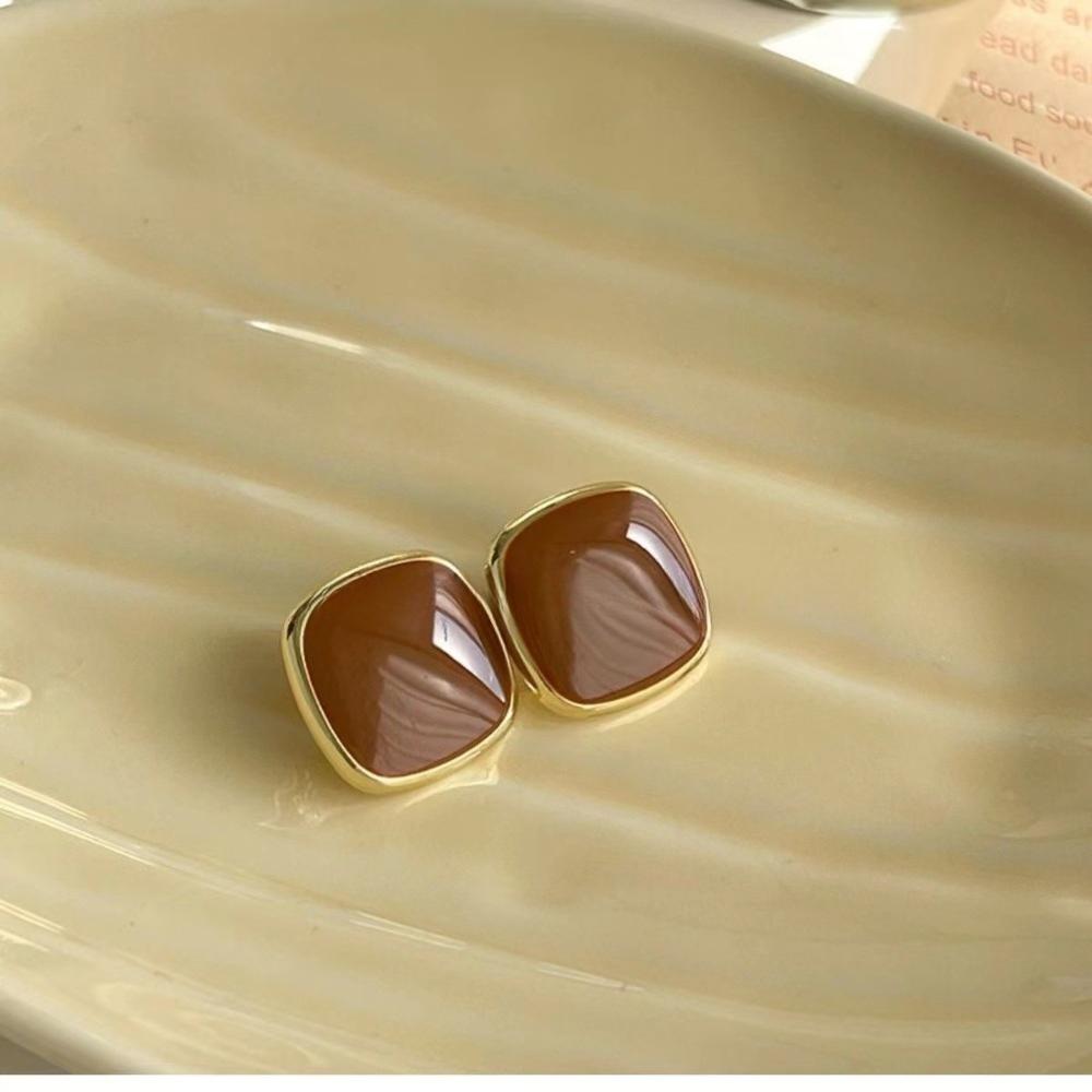 Retro Simple Colored Drip Glaze Gold Color Edging Geometric Square Stud Earrings for Women Korean Temperament Piercing Jewelry