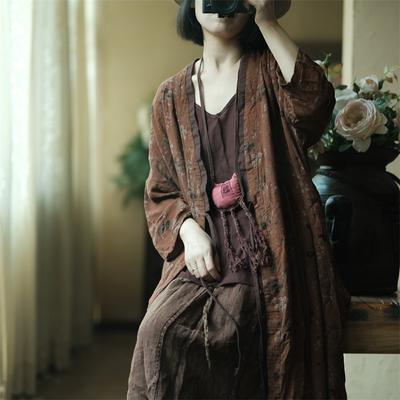 Cappotto allentato con frenulo allentato retrò vintage da donna estiva Cappotto a maniche lunghe con stampa con scollo a V in cotone stile cinese