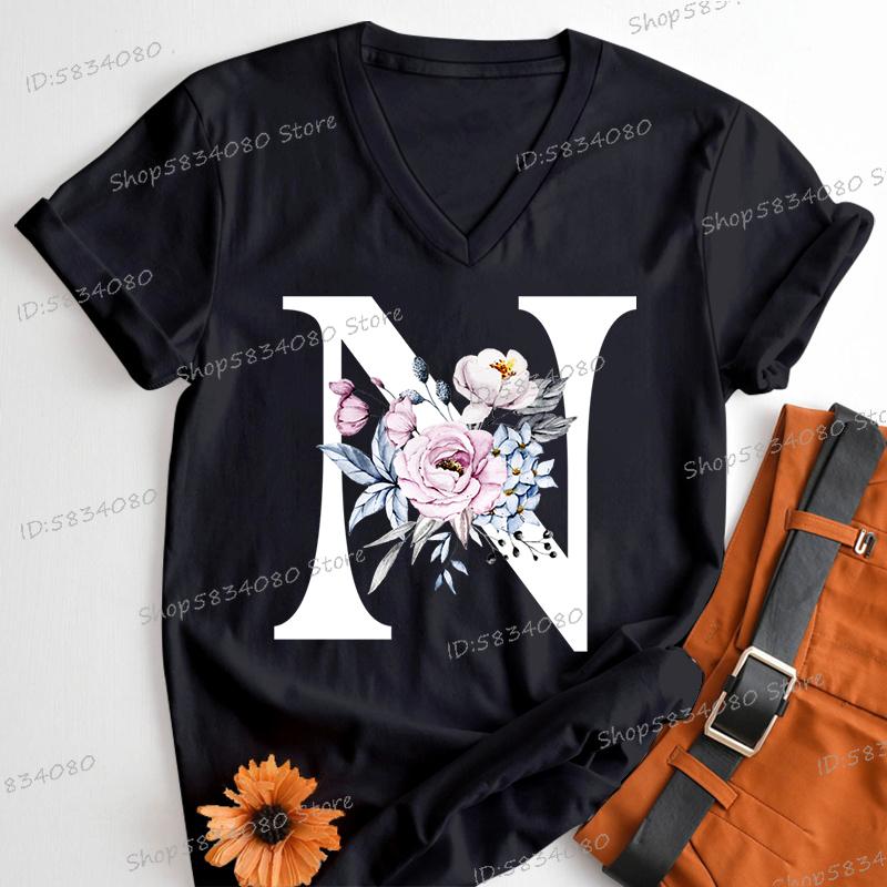 Letter B Floral T Shirts Women English Alphabet Birthday Gift Women 26 Initials Flower Classic Tops Tees Alphabet Floral Tshirt