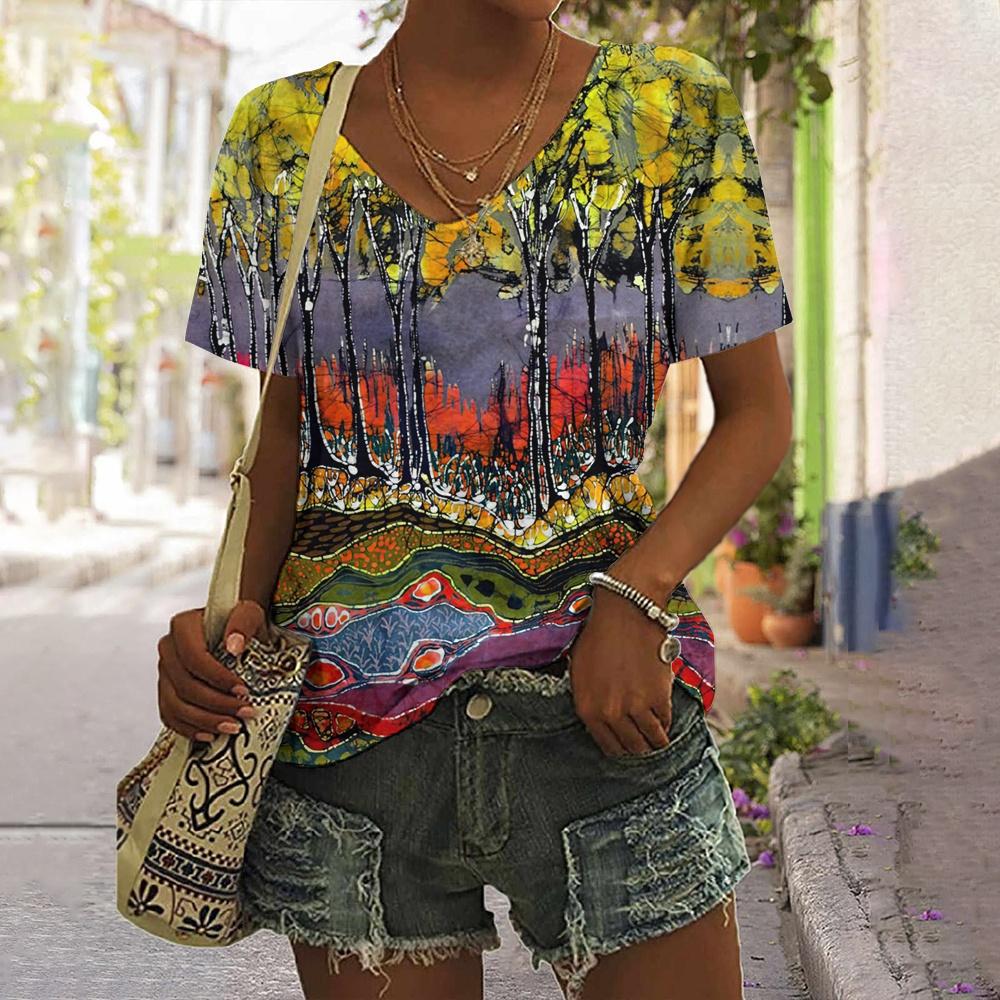 

Women s V-neck 3d Art Printed Blouse Loose Short-sleeved T-shirt Summer Street Fashion Casual Women s Clothing XXXL