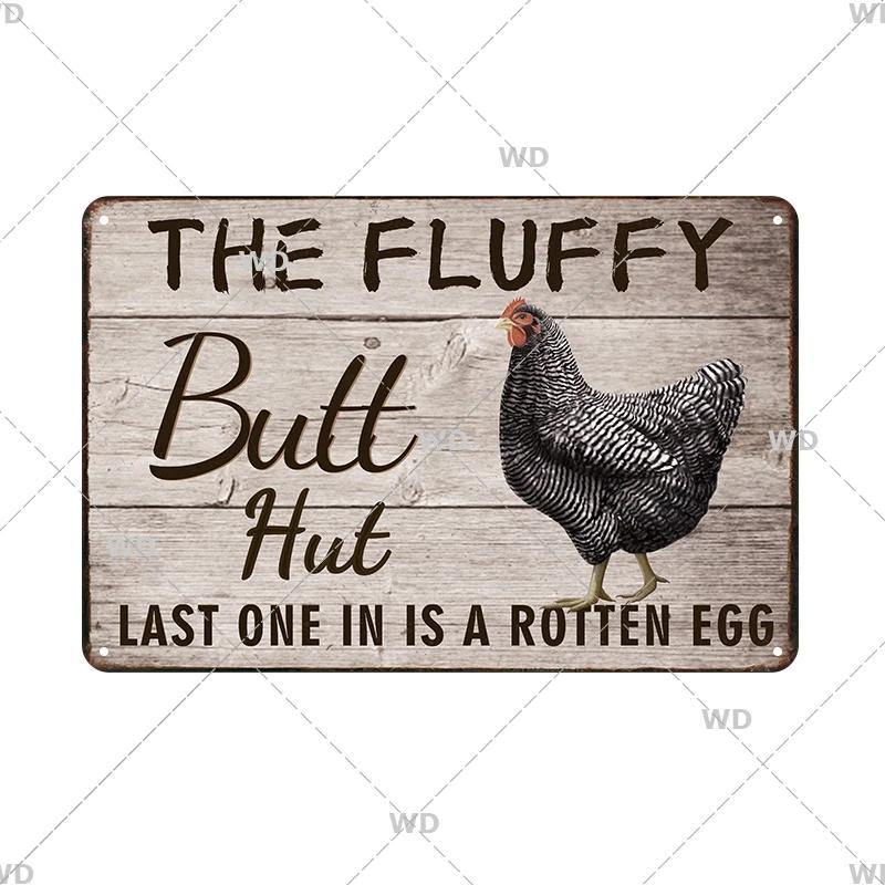 Metallskyltar Färska Ägg Fluffy Butt Hut Kyckling Retro Plåtskylt Vintage Rolig Utomhus Väggplakett Trädgård Gårdsskyltar Hönshus Dekor
