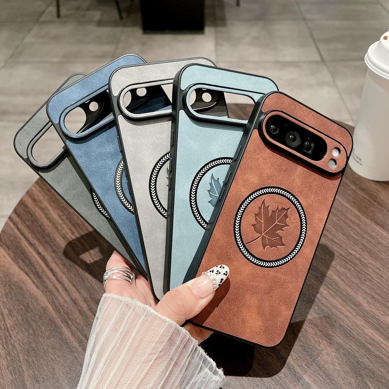 Leaf Pattern Leather Wireless Charge Magnetic Case For Google Pixel 9 Pro XL 8A 8 Pro 7A 7 Solid Color TPU Soft Shockproof Slim Matte Phone Cover