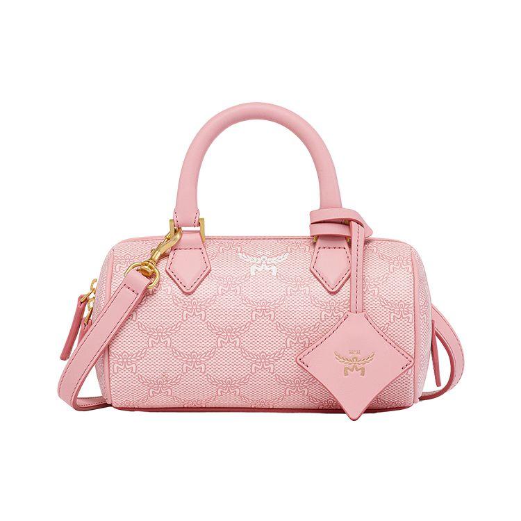 

MCM Pink Visetos Mini Boston Duffle Crossbody Bag with Gold Charm for Daily Use Basic Set (Bag+Dust Bag)