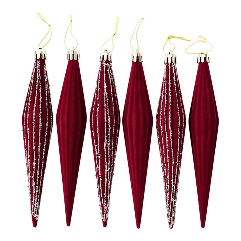 Christmas Tree Baubles Wine-Red Plastic Geometric Ornament with Textured Finish and Hanging Strings for Shop, Hotel