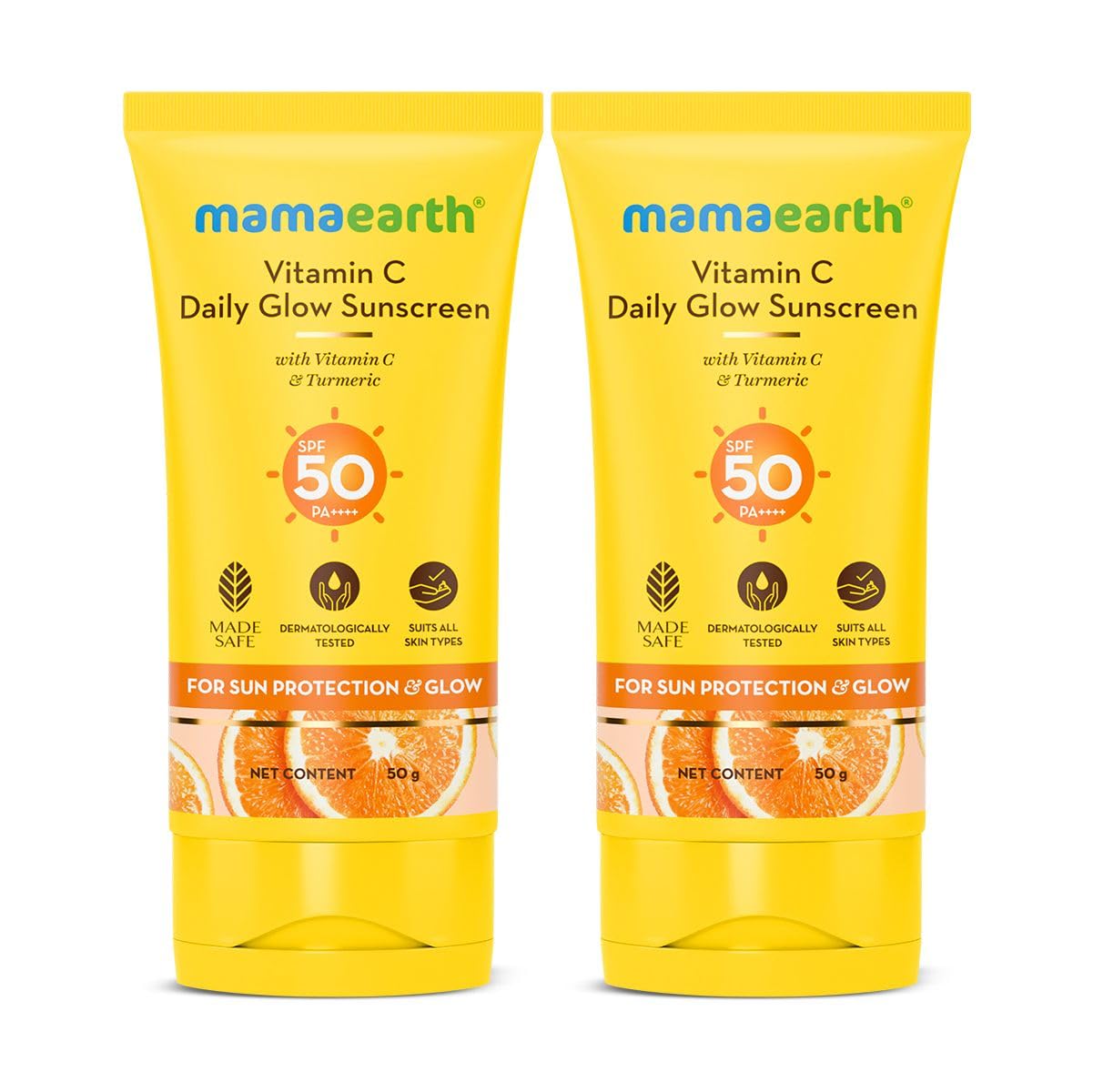

Mamaearth Солнцезащитный крем Daily Glow SPF 50 PA++++ Для защиты от загара Сияющая кожа Без белых следов Легкий 100 г Упаковка из 2 штук
