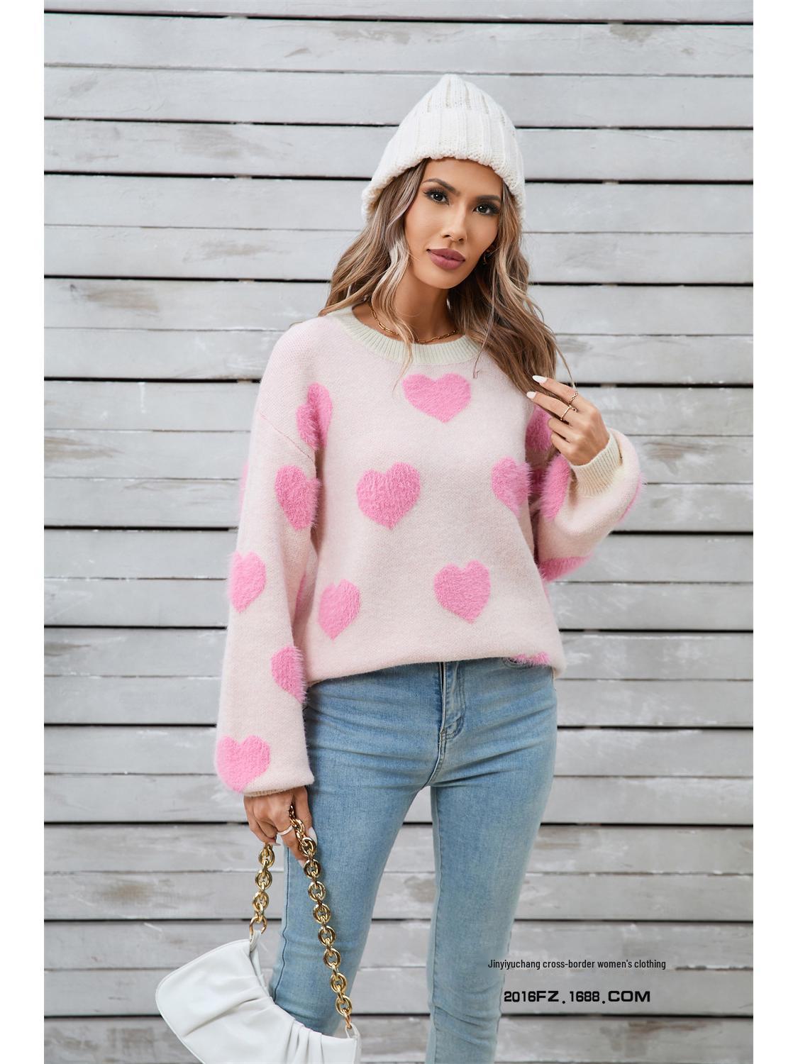 

Женский свитер с круглым вырезом и персиковым сердечком на День святого Валентина 2024 года — зимняя одежда, европейский/американский стиль, контрастные цвета, большие размеры M абрикосовый