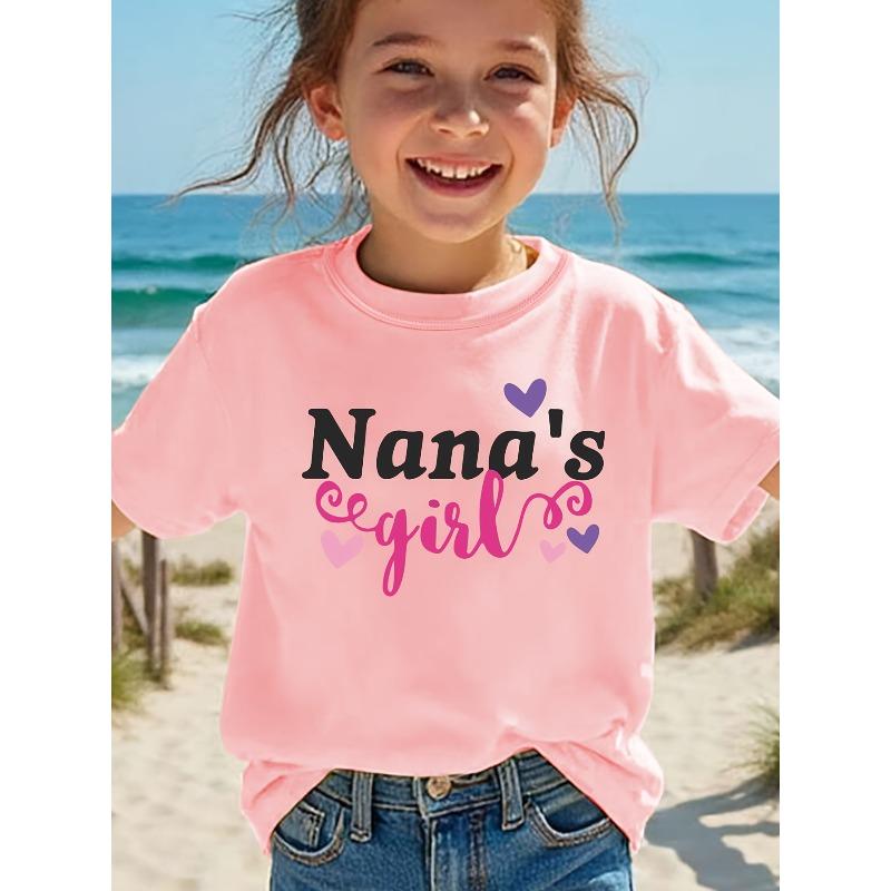 European Sizes Girls' Summer Short Sleeve T-Shirt - Casual Crew Neck with Heart & Letter Print, Soft Knit Top for Beach Outings & Casual Attire