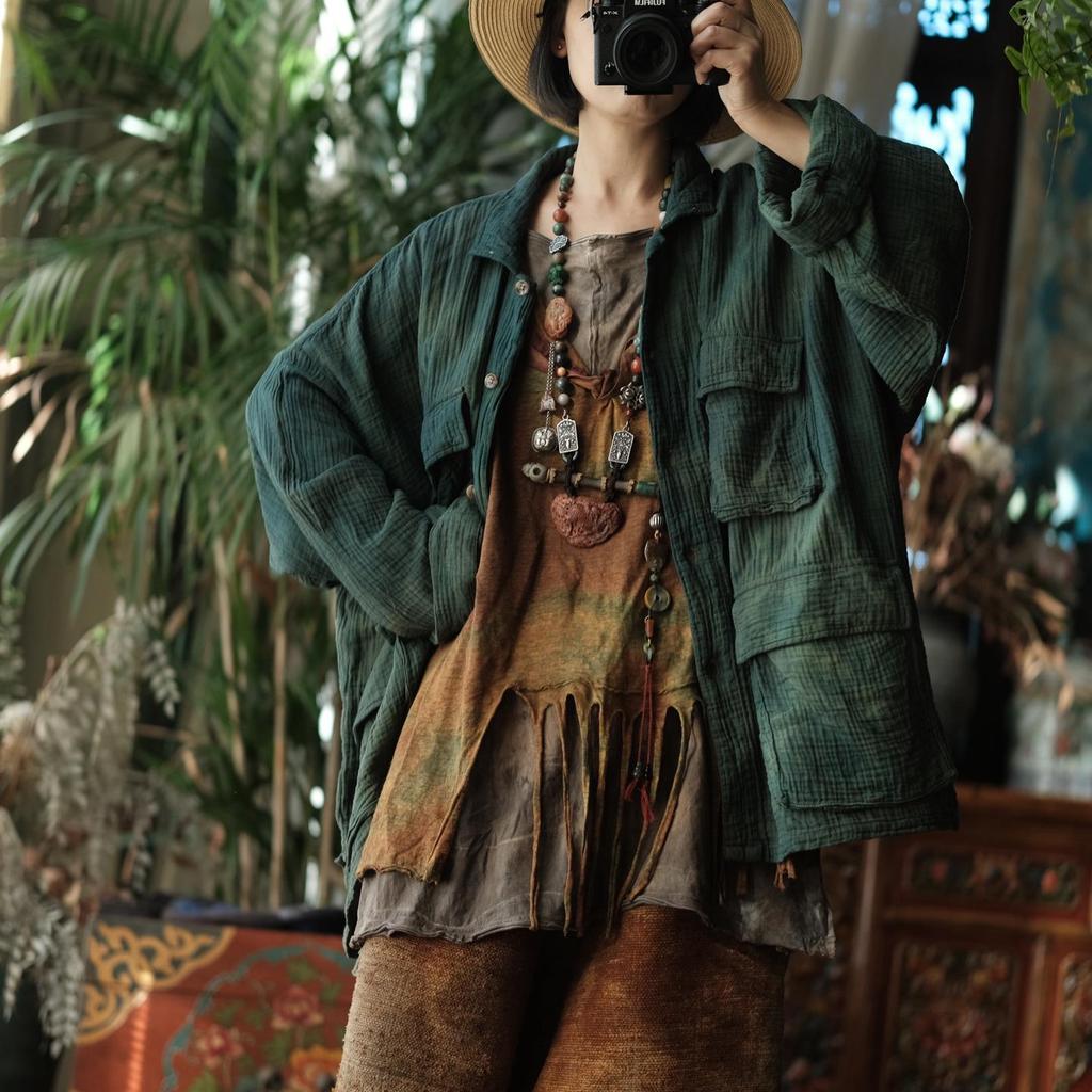 Ancient Mud Light Green Chinese Style Retro Lapel Cotton Linen Jacket