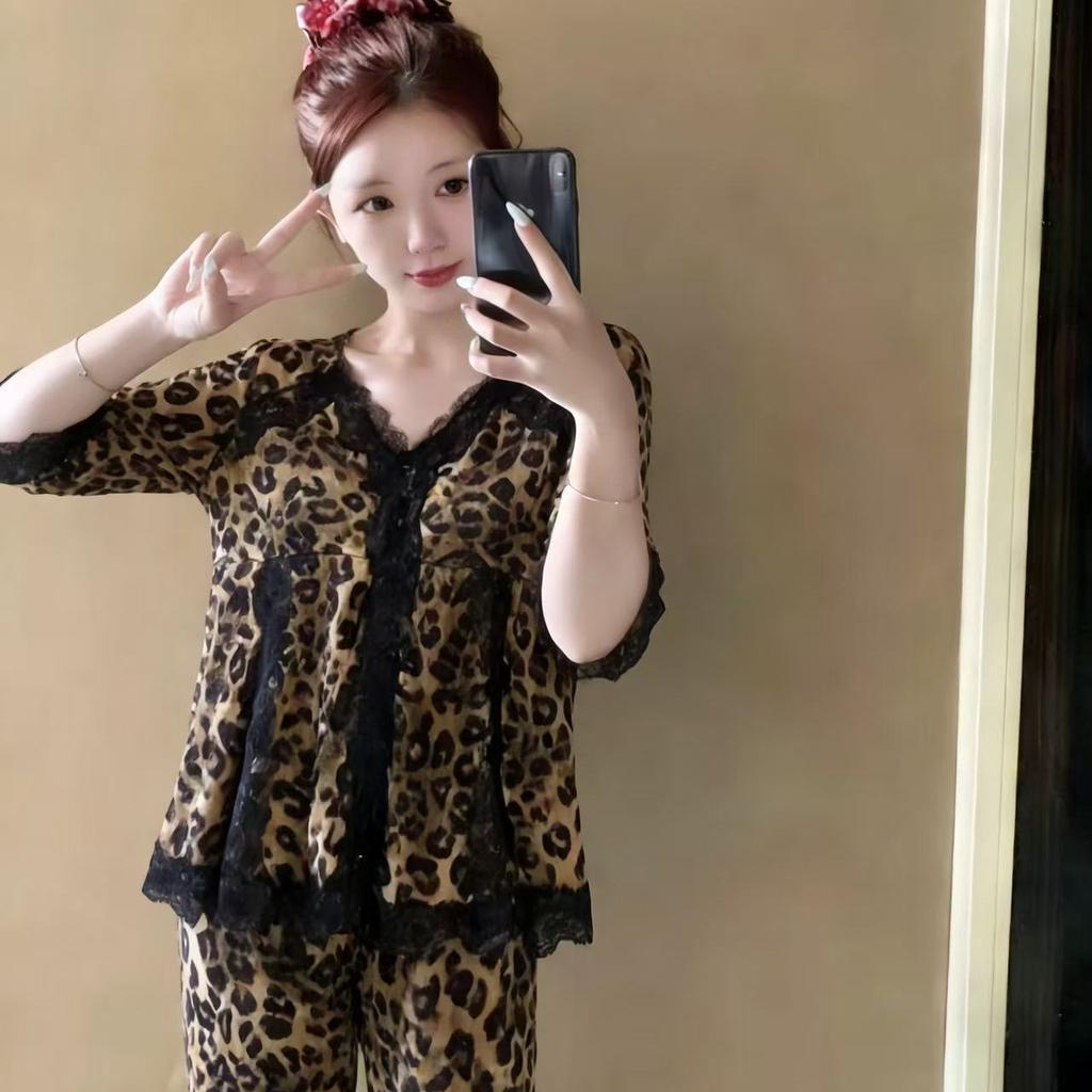 [Cotone di alta qualità imitazione] Pigiama donna nuovo stampa leopardo pizzo floreale autunno maniche lunghe semplice piccolo fresco casa