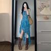 Retro Floral Spaghetti Strap Summer Dress for Women - Irregular, Waist-Cinching A-Line Design