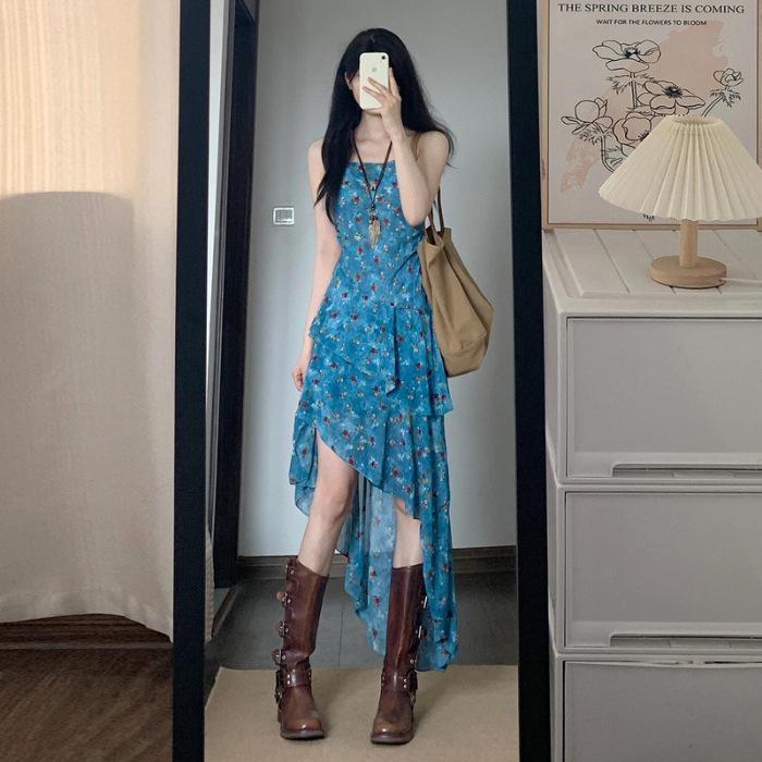 Retro Floral Spaghetti Strap Summer Dress for Women - Irregular, Waist-Cinching A-Line Design Large