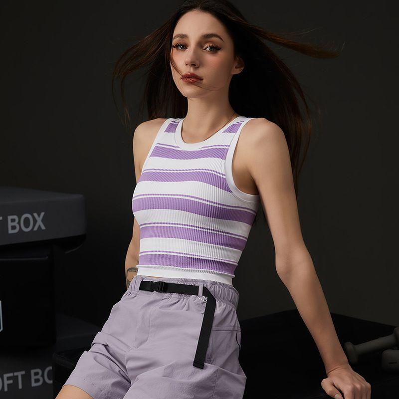 

Fashion Seamless Integrated with Chest Pad Exercise Yoga Clothes Running Fitness Top Stripes Quick-Drying Sports Vest Bubble Wrap Purple L