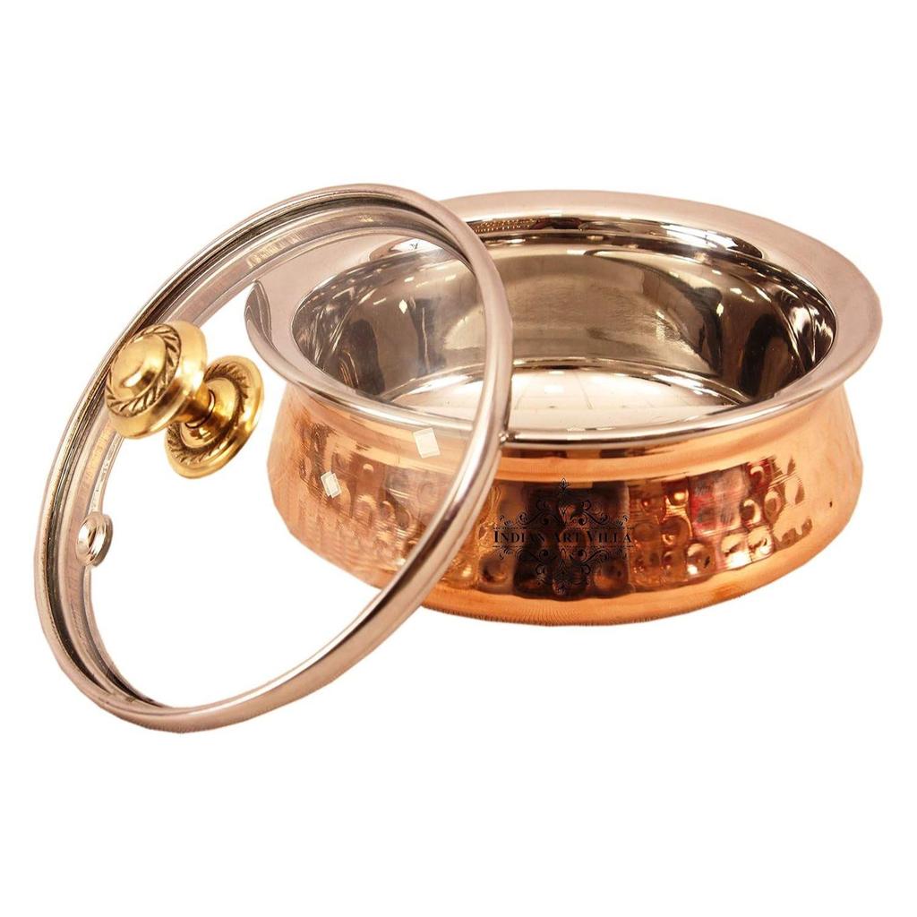 Steel Copper Hammered, Polished Serving Handi with Glass Lid 400 ML - Serving Dishes Chicken Briyani Vegetables Home Hotel Restaurant