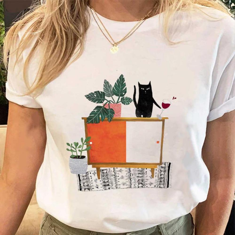Women Print Tees Tshirt Female Clothes Regular Short Sleeve Tops Cat Simple Cute Print Ladies Fashion Cartoon Graphic T-Shirt