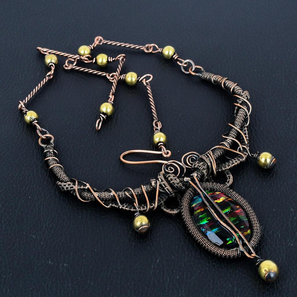 Ammolite Necklace Gemstone Jewelry, 999 Copper Wire Wrapped Necklace, Adjustable Handmade Chain Necklace Gift For Wife Jewelry