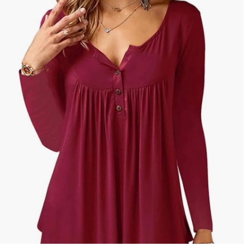 Women's V-Neck Button Pleated Long Sleeve T-Shirt Loose Top