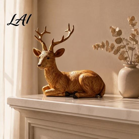 Exquisite Resin Carvings Reindeer Figurine Faux Wood Grain Christmas Deer Statue Retro Home Decor Vintage Tabletop Ornament for Window Display